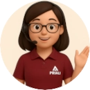 Ali, assistente virtual da Priali. Avatar de uma mulher jovem com óculos, cabelo castanho curto e uniforme da empresa, acenando de forma amigável.