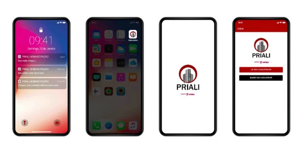 Mosaico composto por quatro smartphones mostrando diferentes telas do aplicativo Priali. Da esquerda para a direita: a tela de bloqueio; a tela inicial com ícones de aplicativos e o ícone do app Priali; a tela de abertura com o logotipo "Priali" centralizado; e a tela de login com o logotipo no topo, botões "Já sou cadastrado" e "Quero me cadastrar".