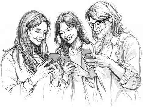 Esboço artístico em preto e branco de três mulheres sorridentes, representando condôminos, de pé e juntas, olhando para as telas de seus smartphones